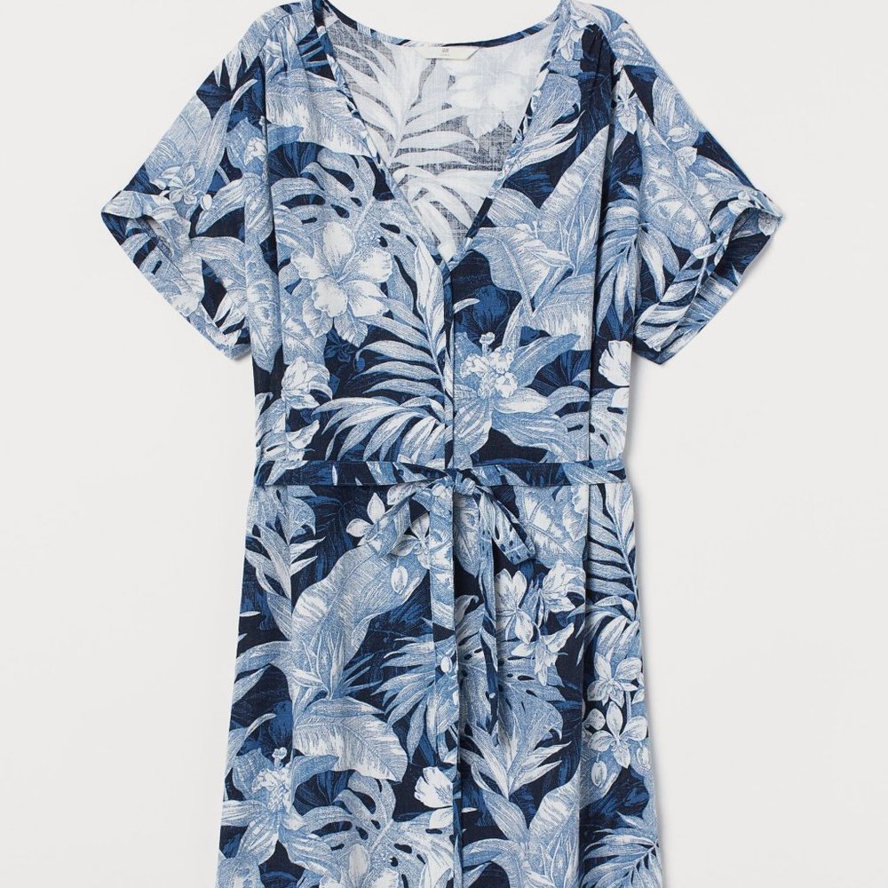NWT H&M Blue Linen Tropical Floral Tie Dress XS - Picture 2 of 9